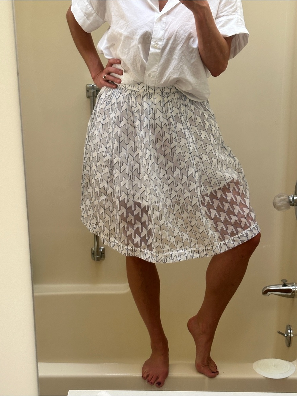 Sheer Layered White & Cobalt Blue Geometric Print A-Line Skirt Size 4